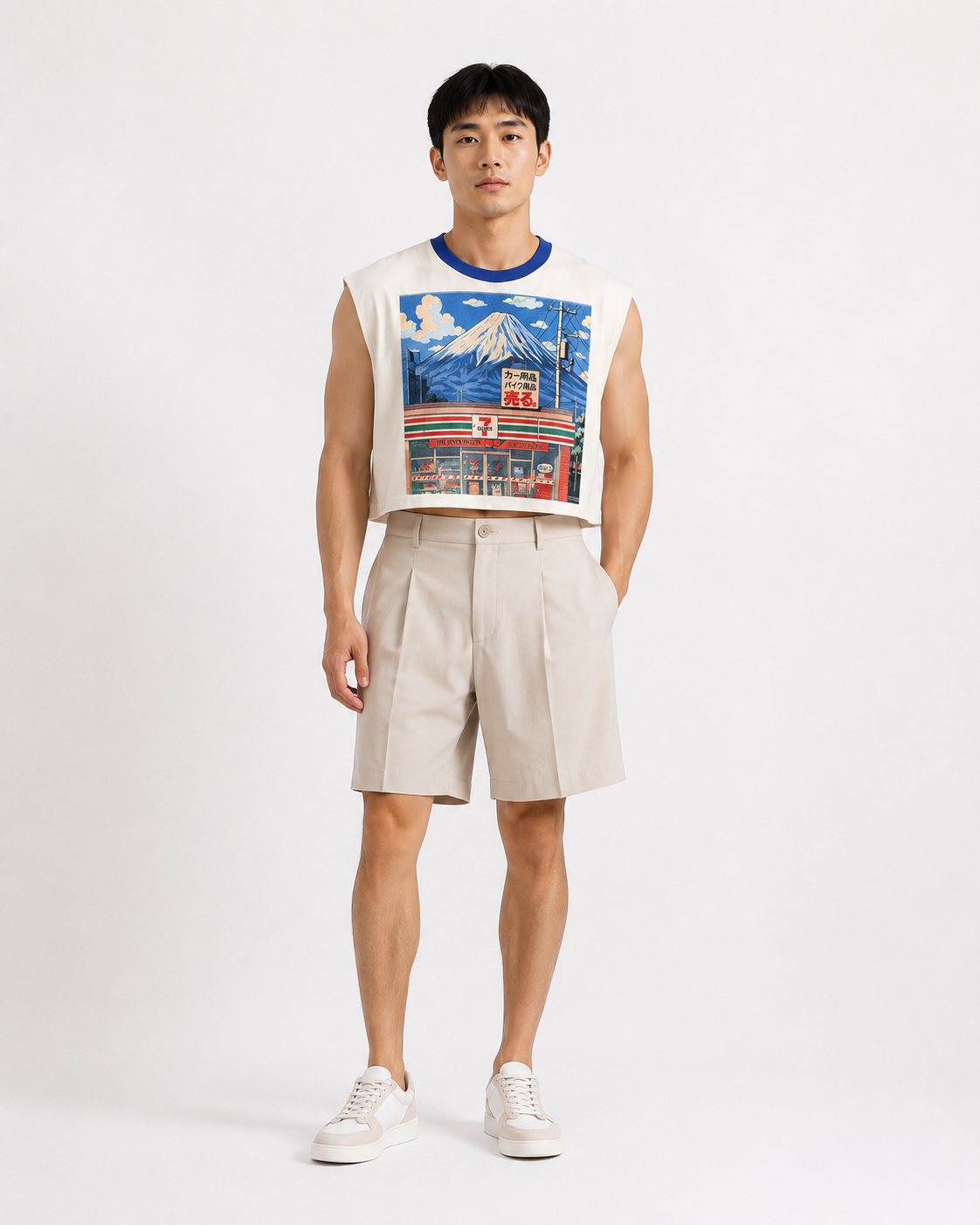 711 & Fuji Blue Ribbed Cropped Muscle Tee