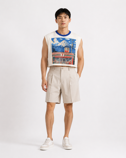 711 & Fuji Blue Ribbed Cropped Muscle Tee