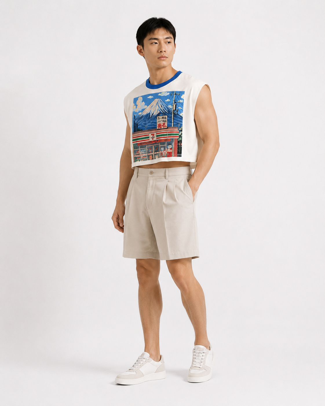 711 & Fuji Blue Ribbed Cropped Muscle Tee