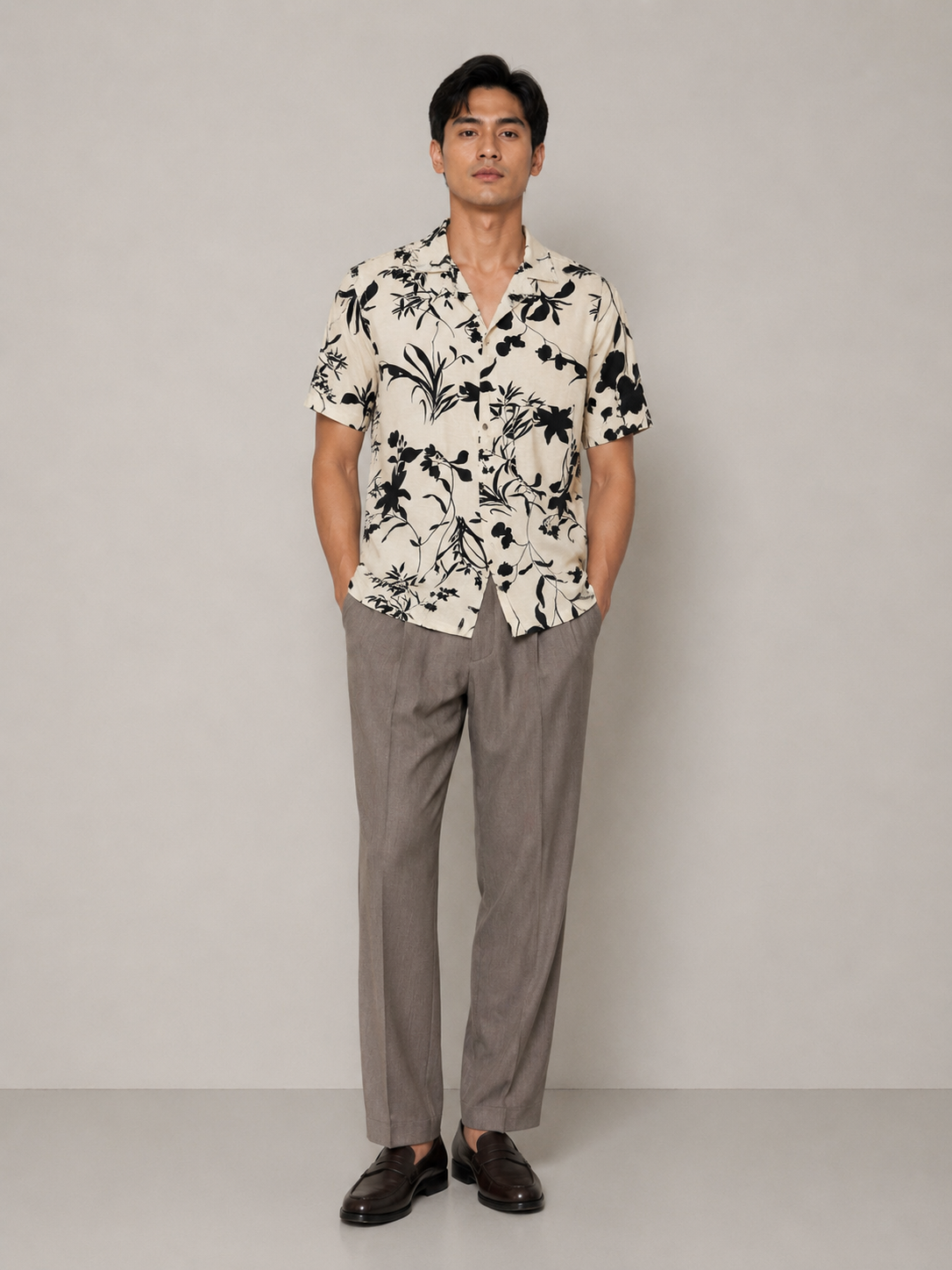Monochrome Botanical Resort Shirt - Slimfit