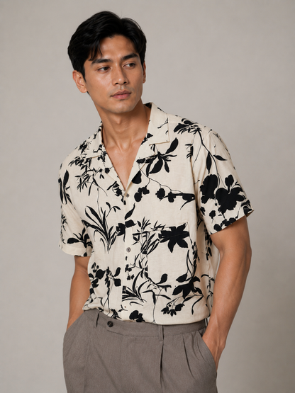 Monochrome Botanical Resort Shirt - Slimfit
