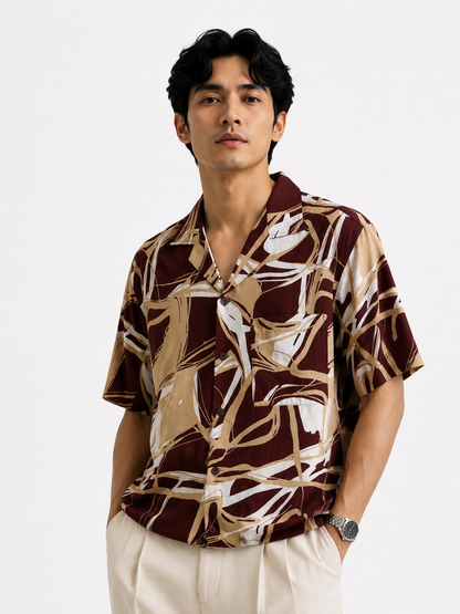 Abstract Brushstroke Resort Shirt in Merlot