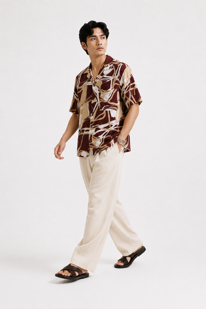 Abstract Brushstroke Resort Shirt in Merlot