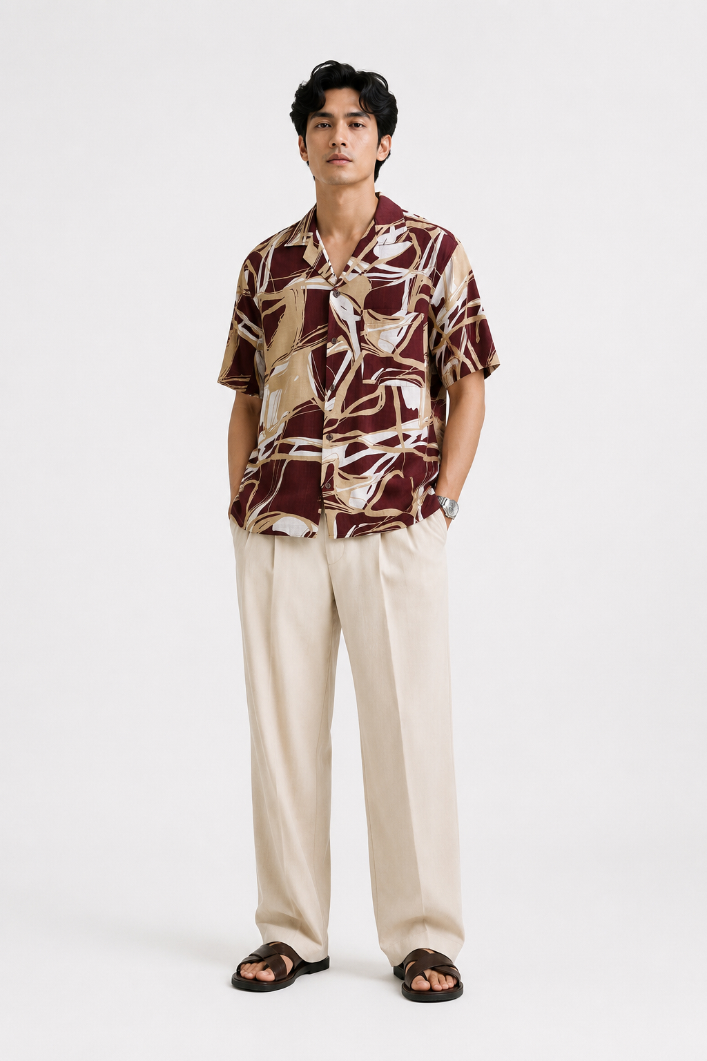 Abstract Brushstroke Resort Shirt in Merlot