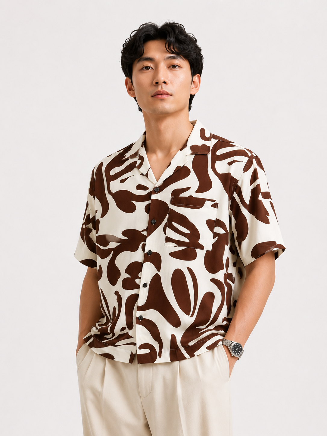 Abstract Botanical Resort Shirt in Espresso