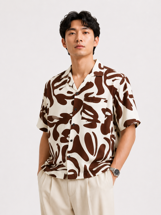 Abstract Botanical Resort Shirt in Espresso