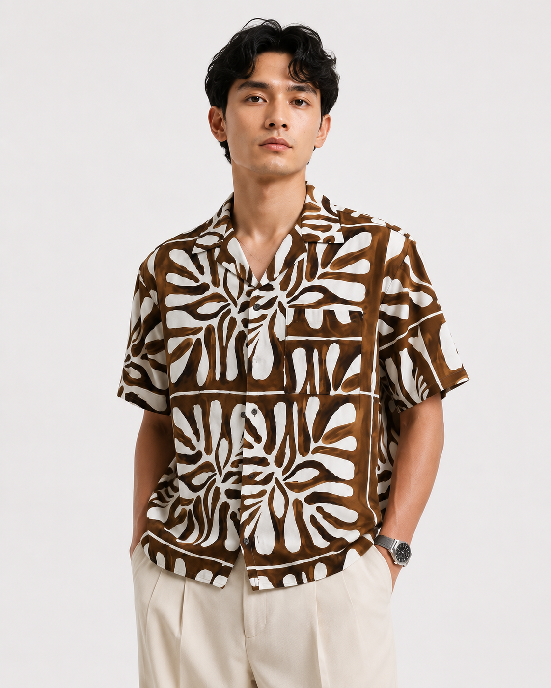 Monstera Grid Resort Shirt in Mocha