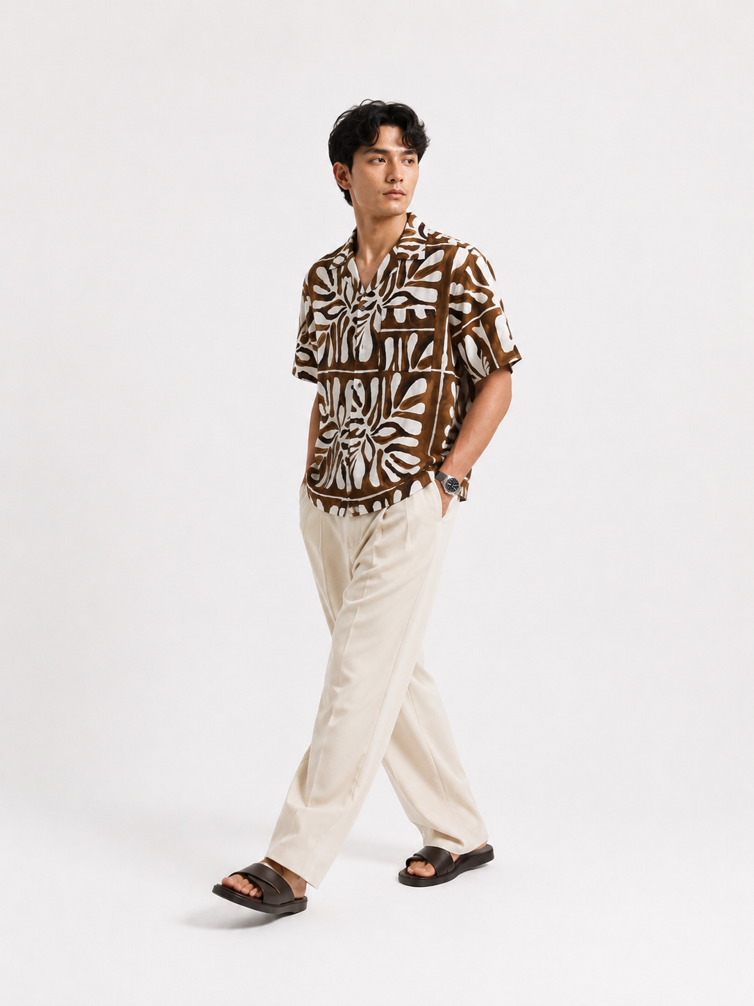 Monstera Grid Resort Shirt in Mocha