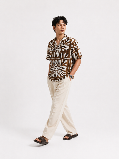 Monstera Grid Resort Shirt in Mocha