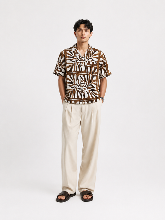 Monstera Grid Resort Shirt in Mocha