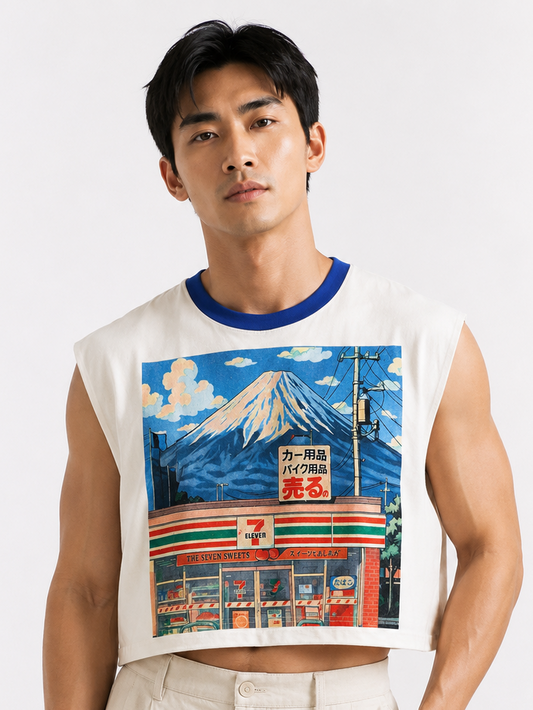 711 & Fuji Blue Ribbed Cropped Muscle Tee