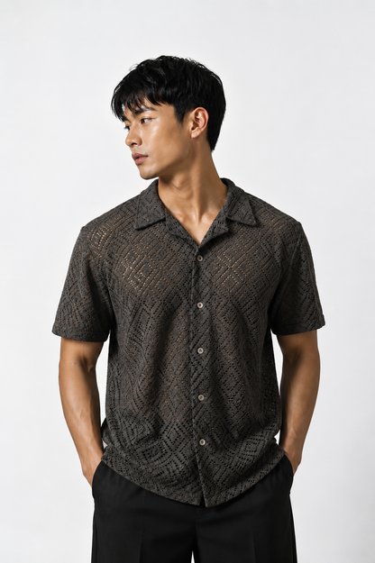 Diamond Weave Open Collar Polo – Espresso