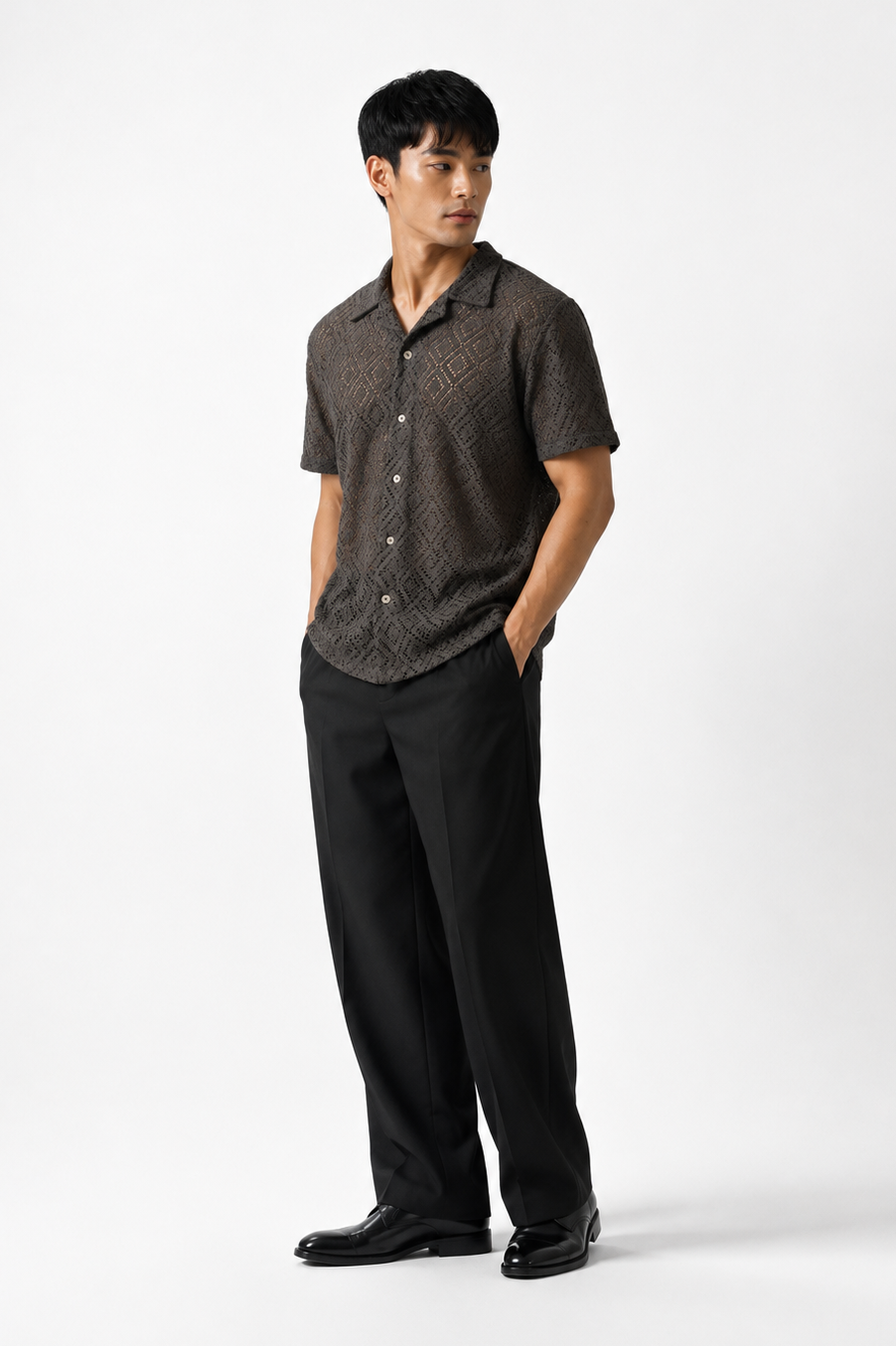 Diamond Weave Open Collar Polo – Espresso