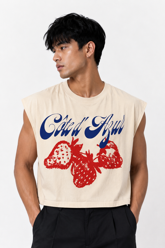 Côte d’Azur Strawberry Cropped Muscle Tee — Cream