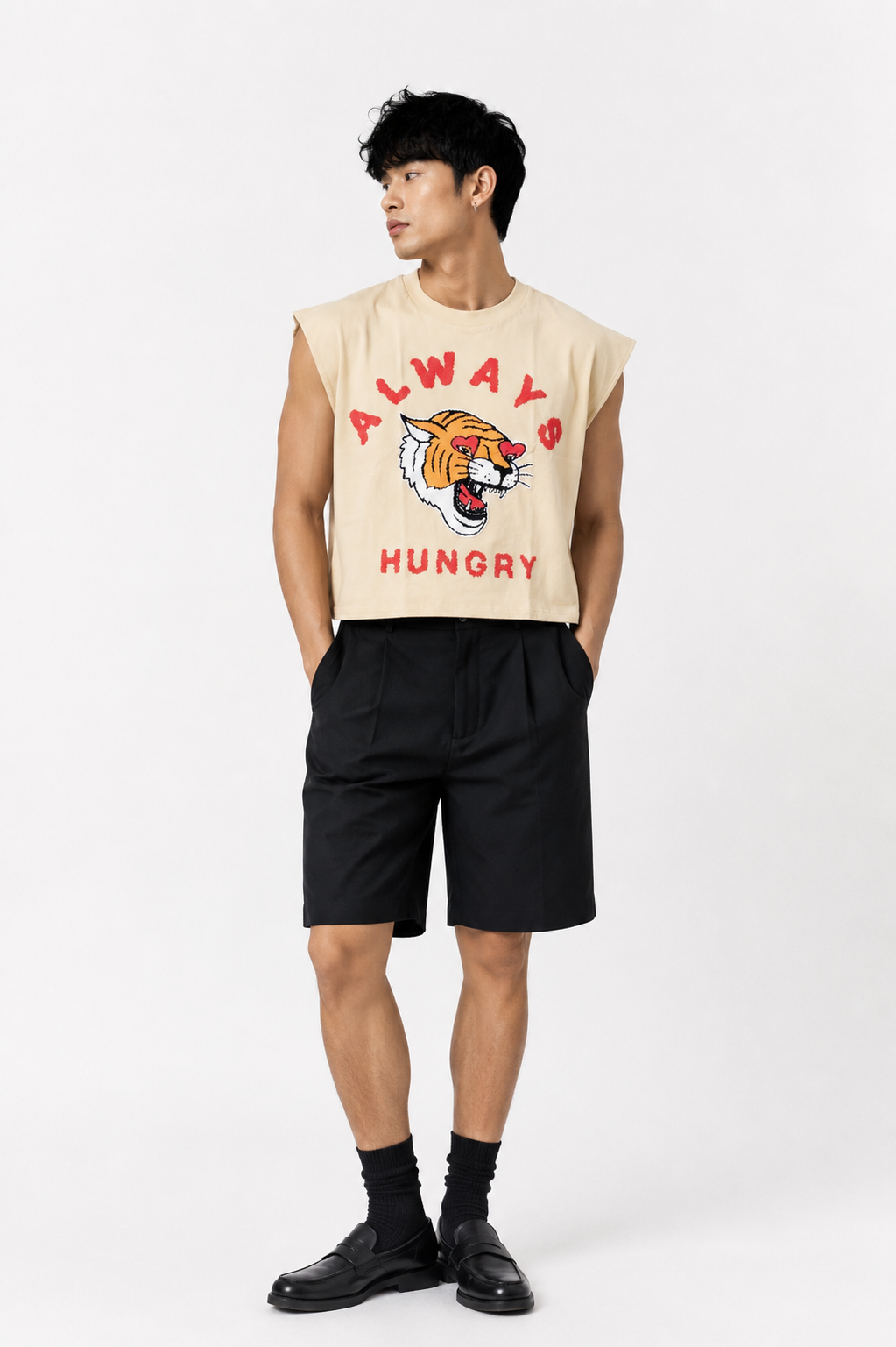Always Hungry Tiger Cropped Muscle Tee — Cream