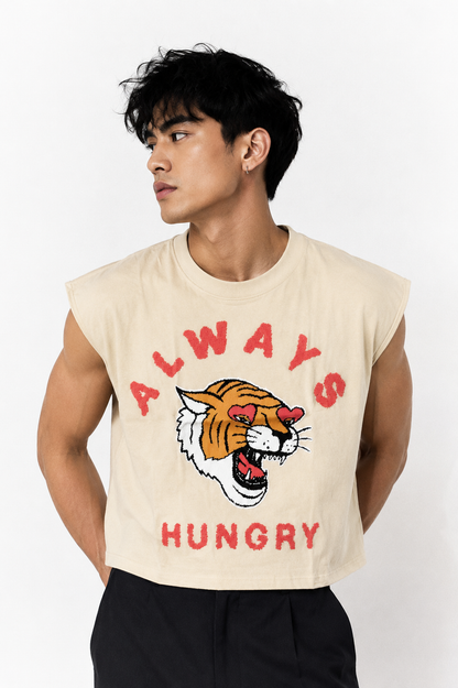 Always Hungry Tiger Cropped Muscle Tee — Cream