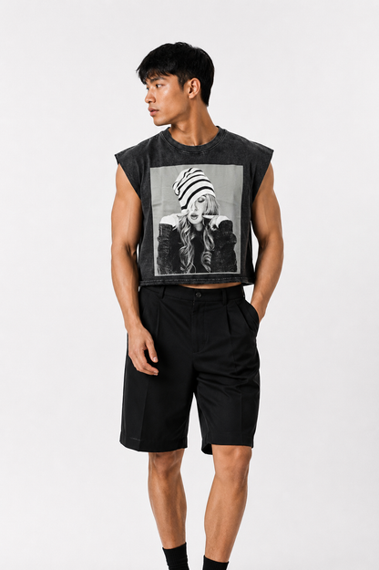 Striped Beanie Portrait Cropped Muscle Tee — Washed Black