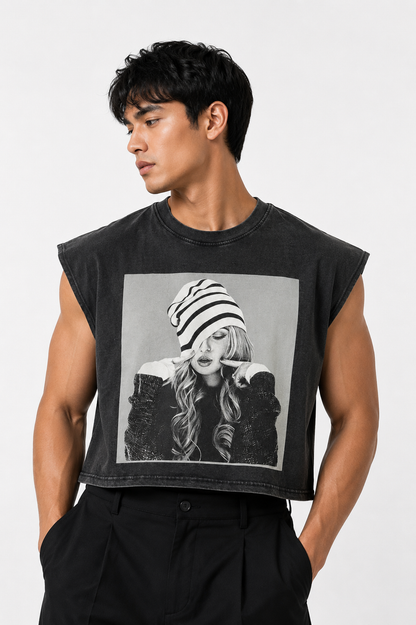 Striped Beanie Portrait Cropped Muscle Tee — Washed Black