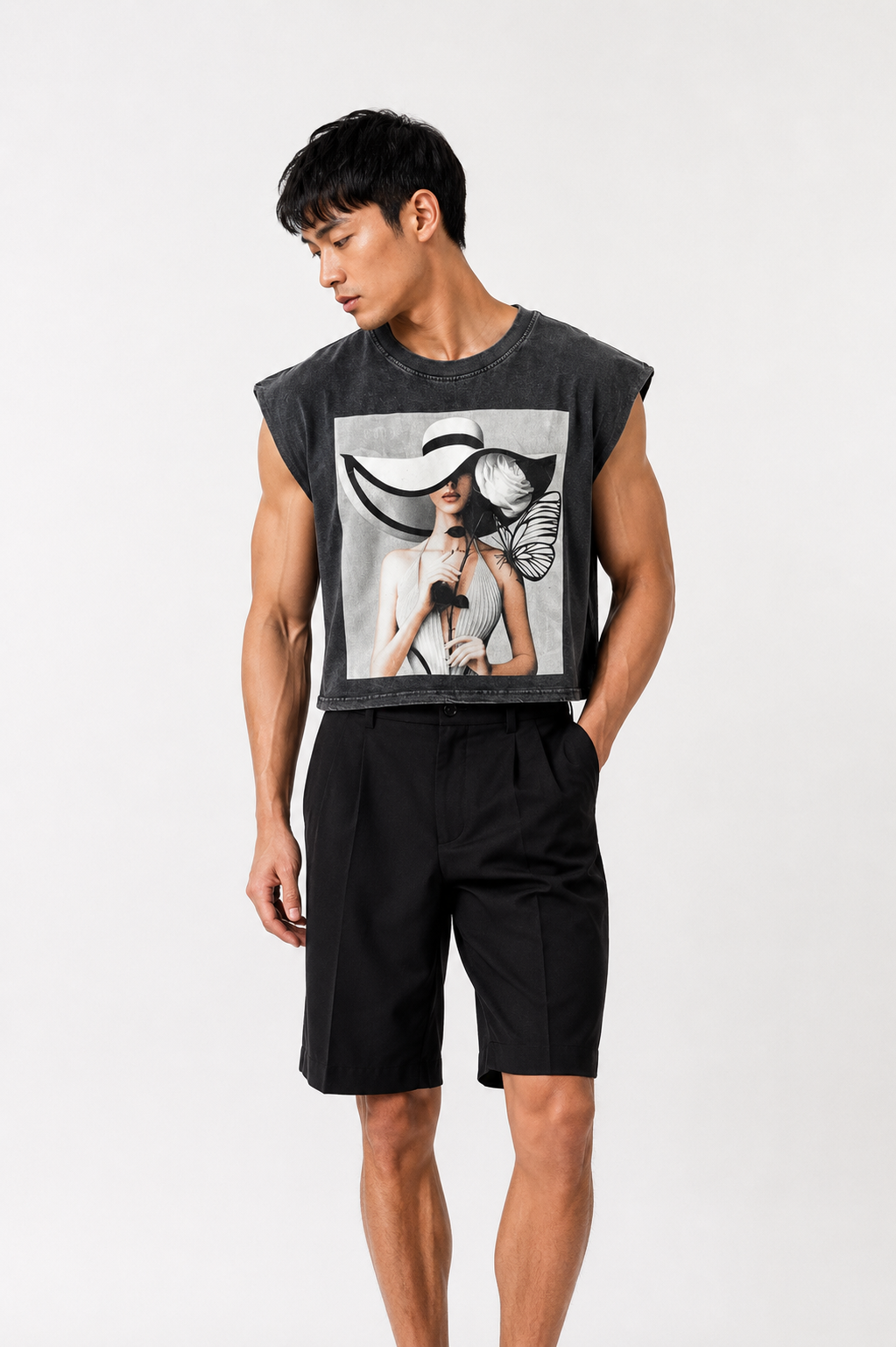 Editorial Muse Cropped Muscle Tee — Washed Black