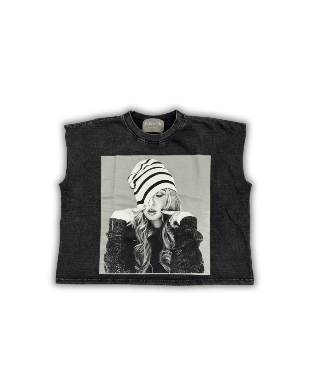 Striped Beanie Portrait Cropped Muscle Tee — Washed Black