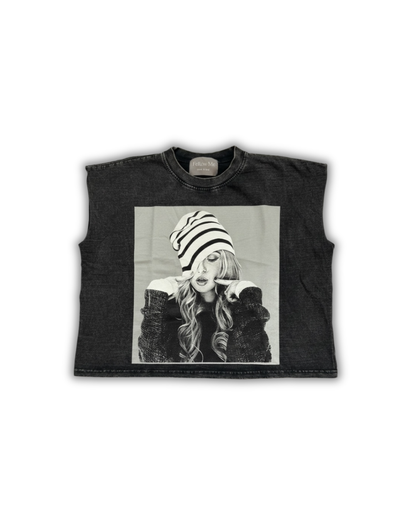 Striped Beanie Portrait Cropped Muscle Tee — Washed Black
