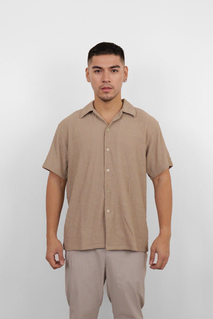 Beige Seersucker Camp Shirt