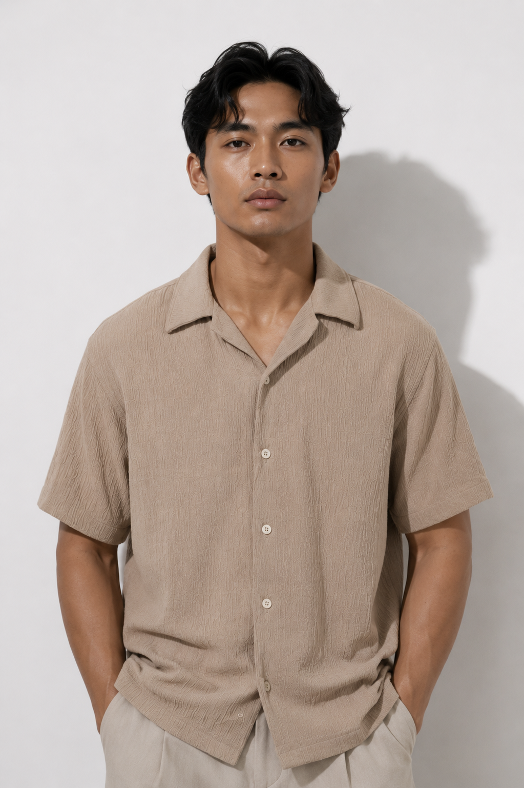 Beige Seersucker Camp Shirt