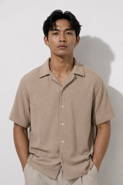 Beige Seersucker Camp Shirt