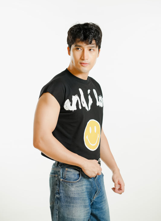 Smile Cropped Muscle Tee – Black