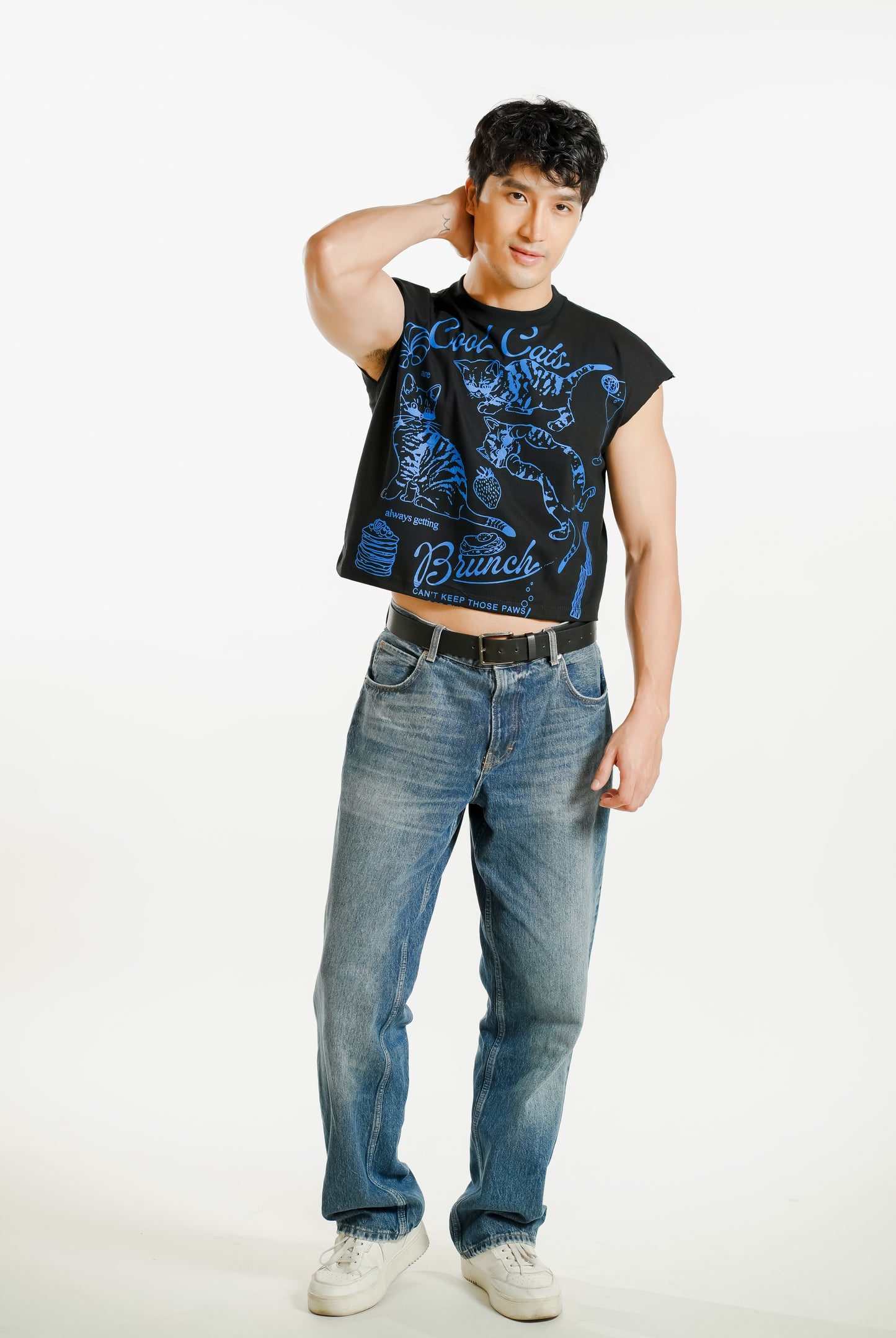 Cool Cats Cropped Muscle Tee – Black