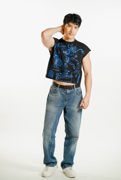 Cool Cats Cropped Muscle Tee – Black