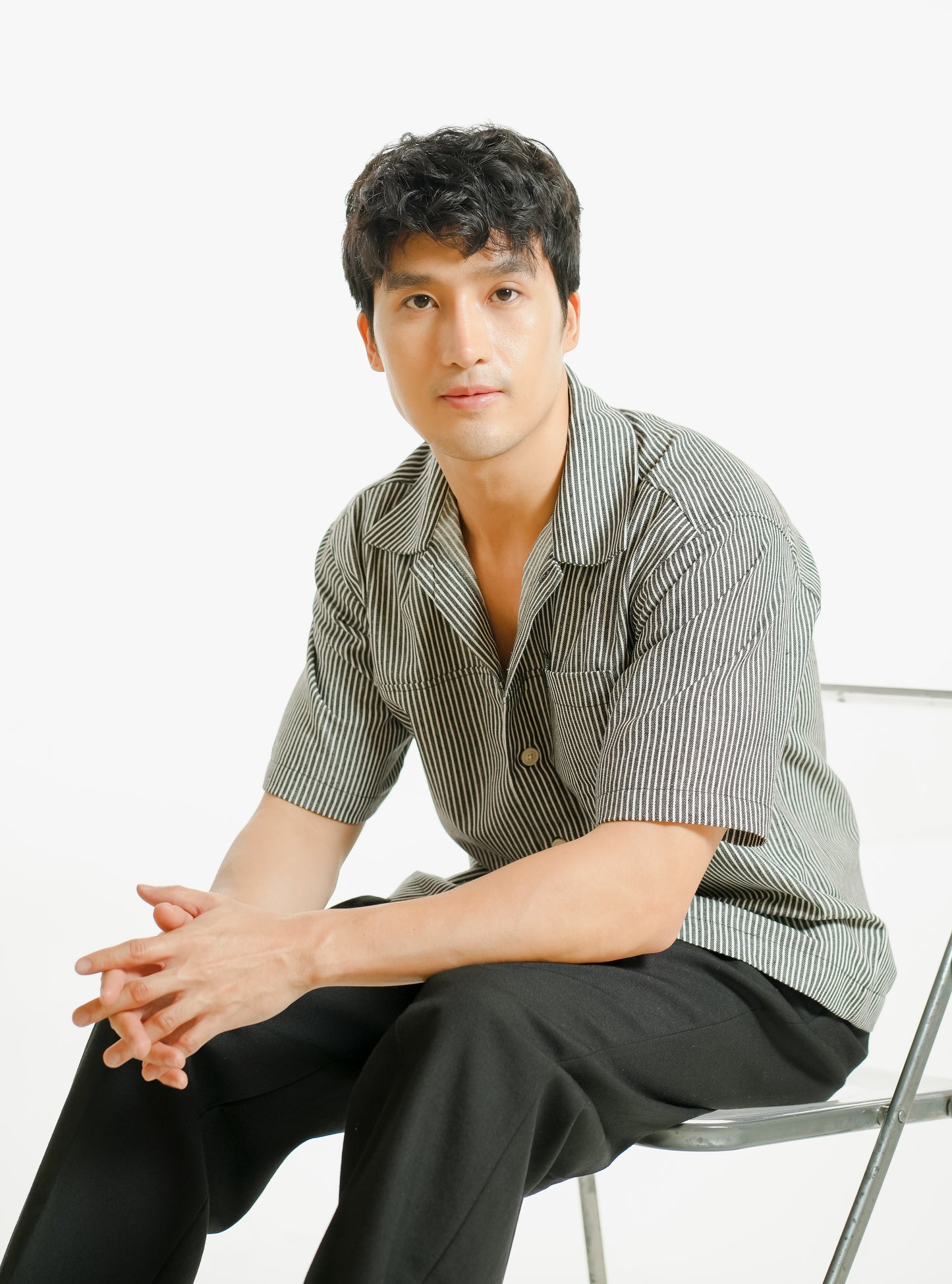 Denim Cropped Polo - Dark Stripe