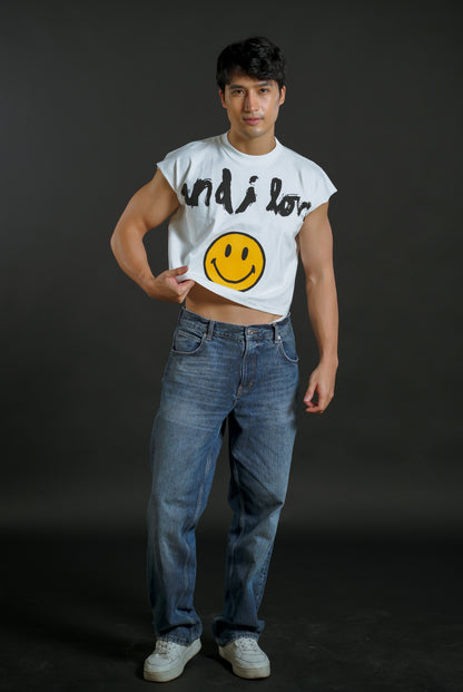Smile Cropped Muscle Tee – White