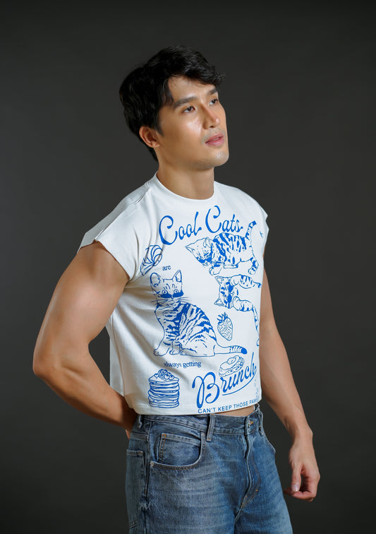 Cool Cats Cropped Muscle Tee – White