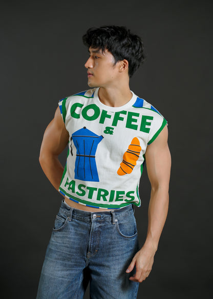 Coffee and Pastries Cropped Muscle Tee – Blue Variant