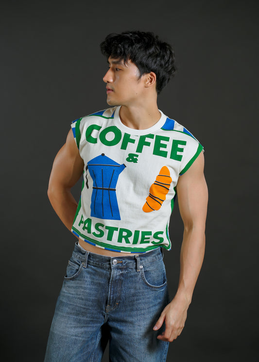 Coffee and Pastries Cropped Muscle Tee – Blue Variant
