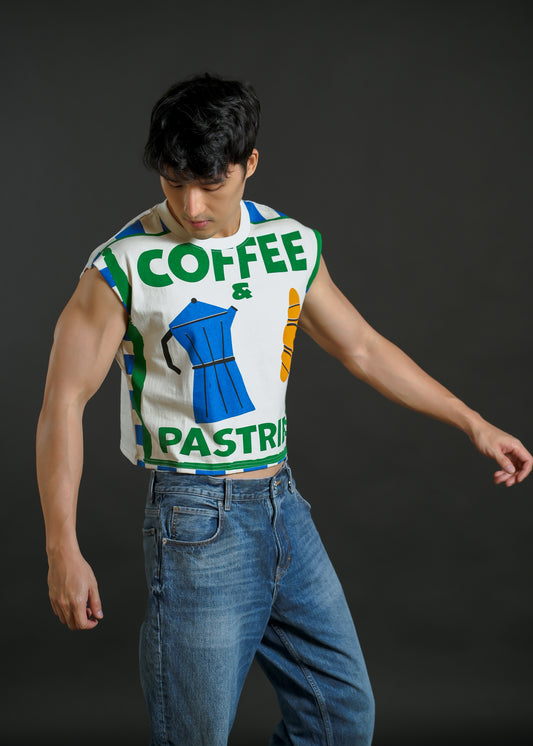 Coffee and Pastries Cropped Muscle Tee – Blue Variant