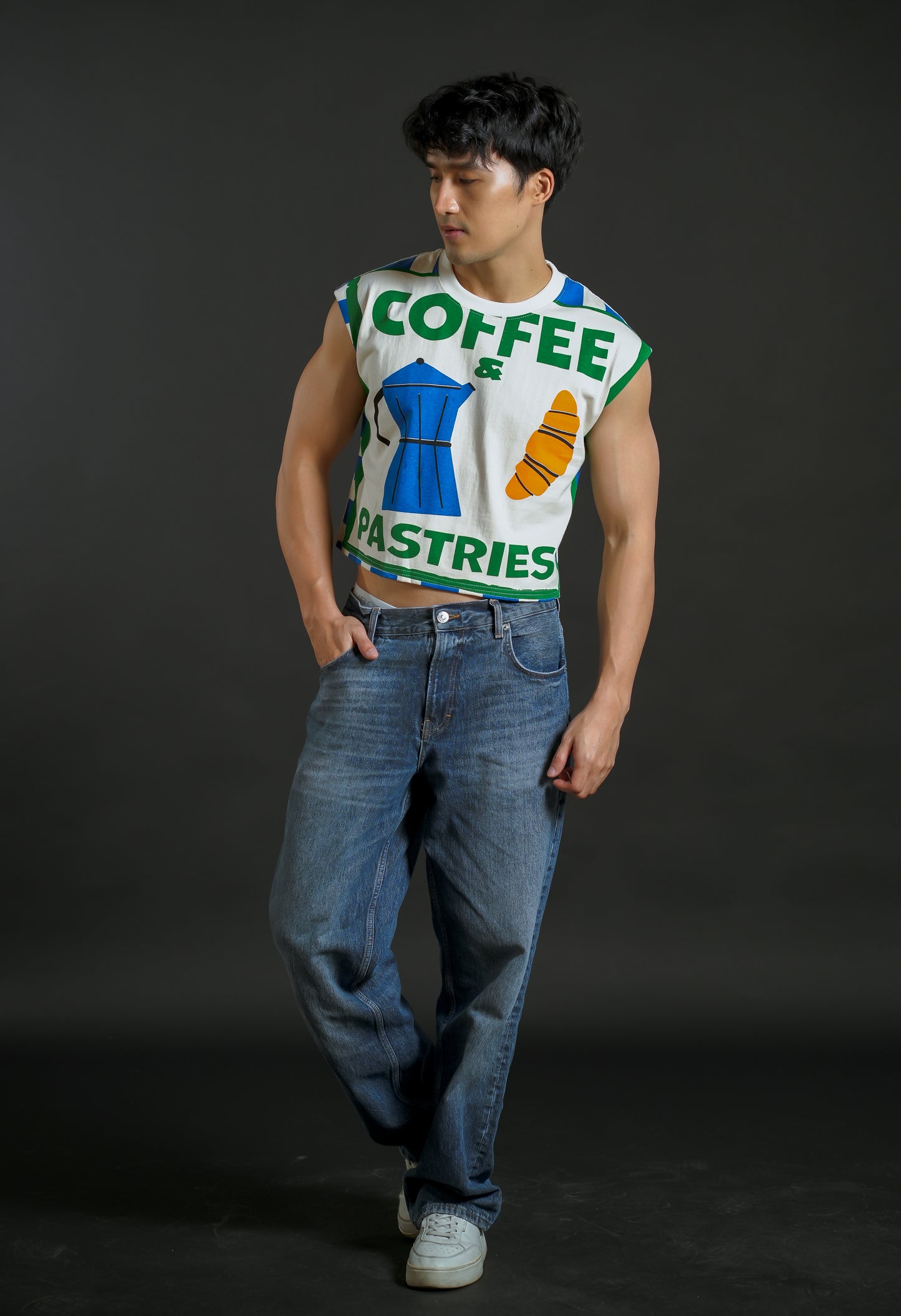 Coffee and Pastries Cropped Muscle Tee – Blue Variant