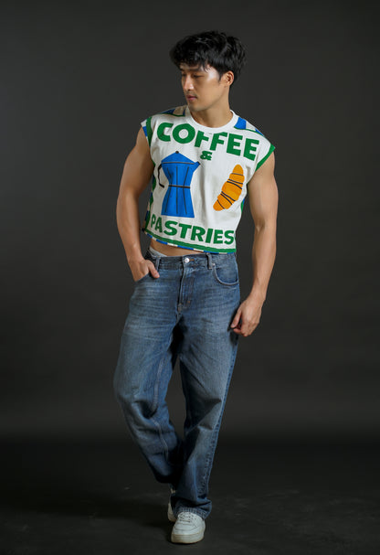 Coffee and Pastries Cropped Muscle Tee – Blue Variant