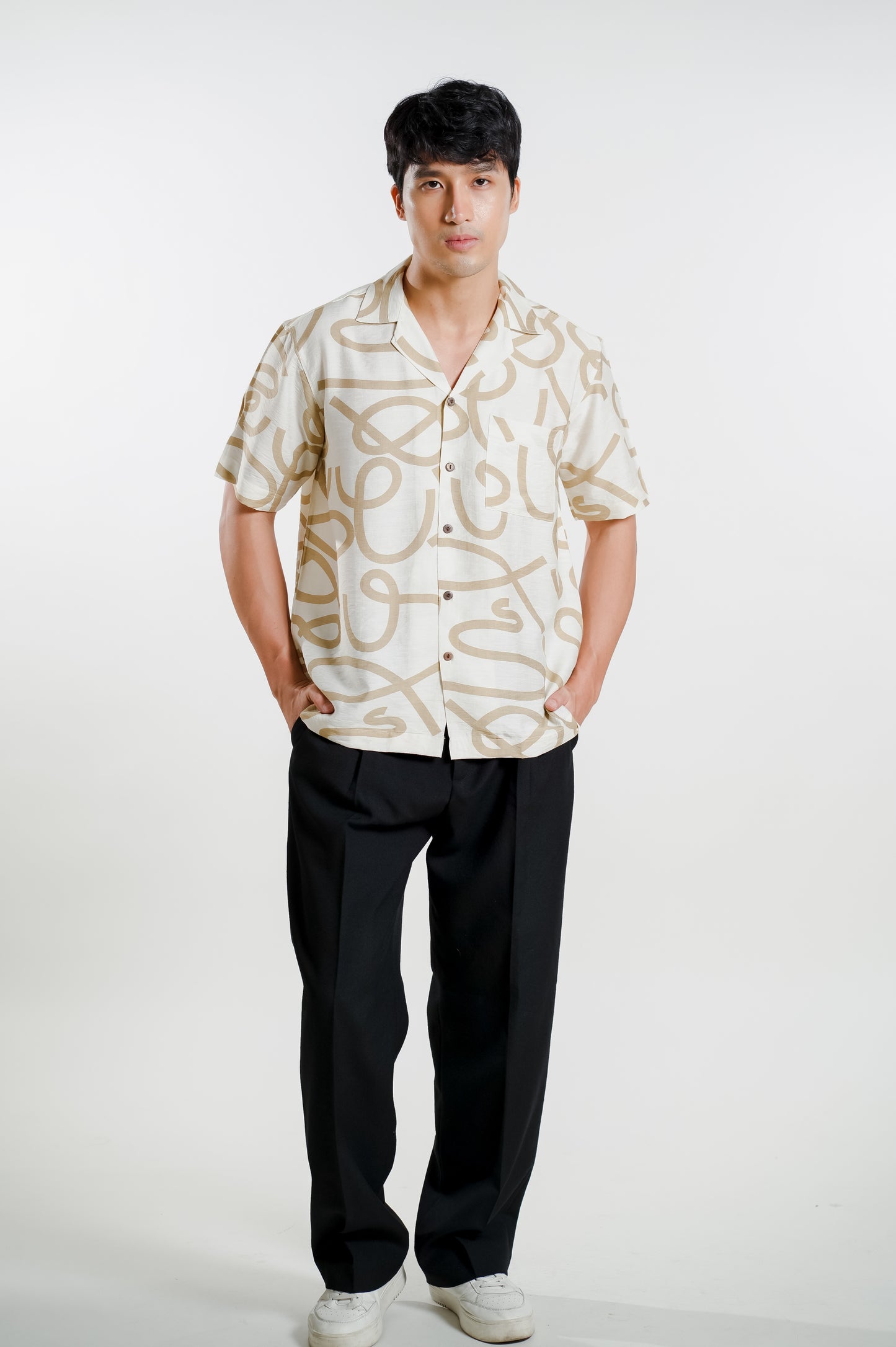 Abstract Script Camp Collar Shirt