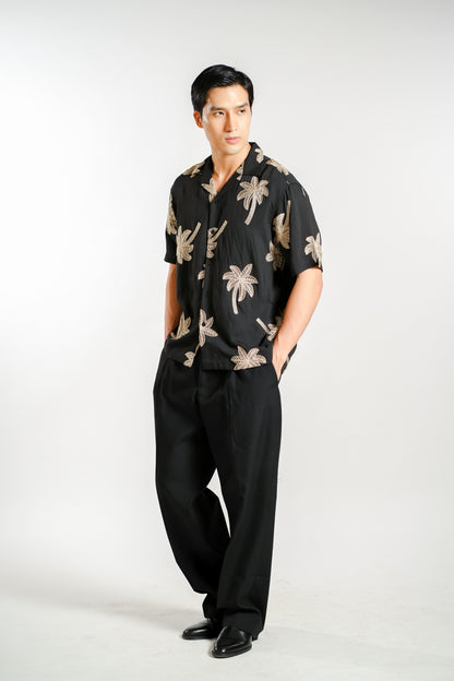 Palm Embroidery Resort Shirt in Black