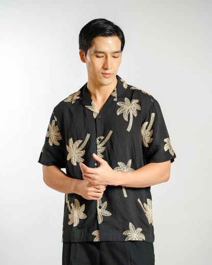 Palm Embroidery Resort Shirt in Black