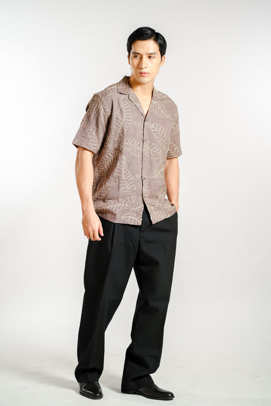 Tropical Leaf Embroidery Resort Shirt