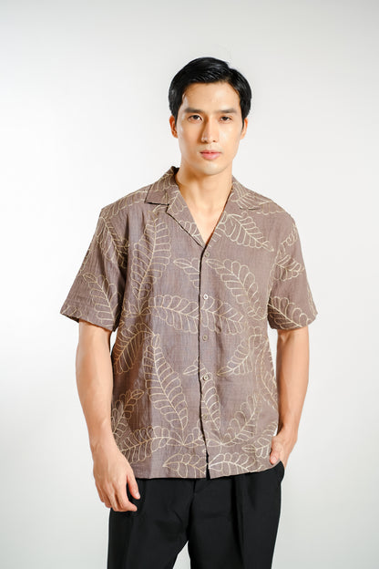 Tropical Leaf Embroidery Resort Shirt