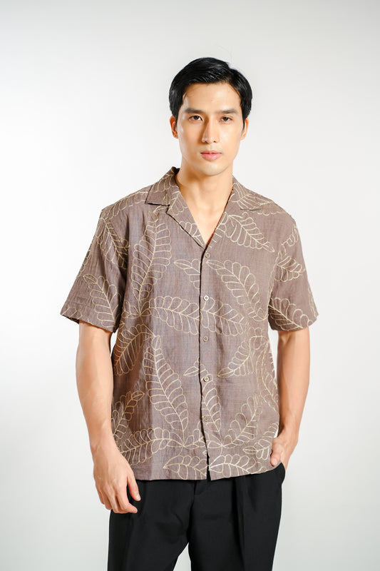 Tropical Leaf Embroidery Resort Shirt