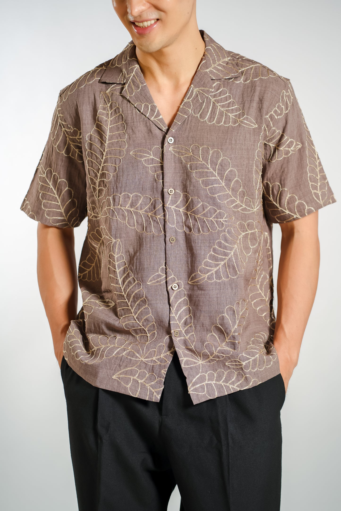 Tropical Leaf Embroidery Resort Shirt