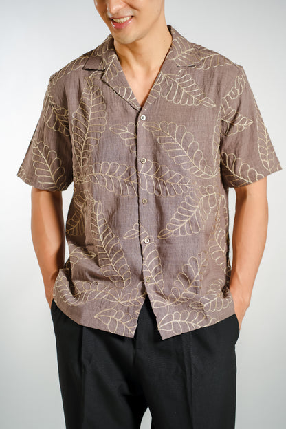 Tropical Leaf Embroidery Resort Shirt
