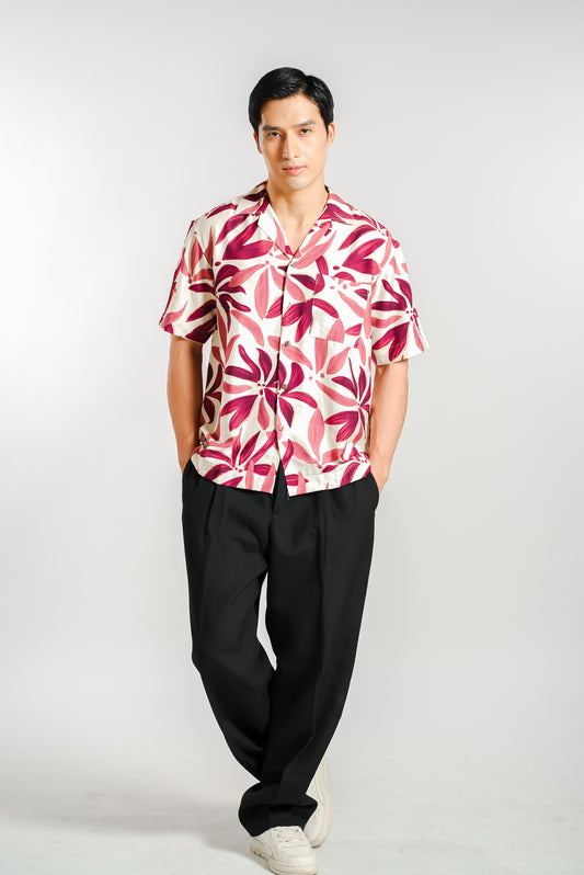 Tropical Floral Resort Shirt in Berry