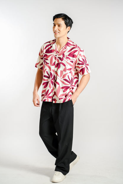 Tropical Floral Resort Shirt in Berry