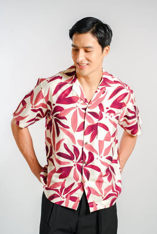 Tropical Floral Resort Shirt in Berry